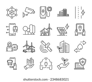 Set of smart city stroke line icons. energy efficiency sustainability mobility vector illustrations