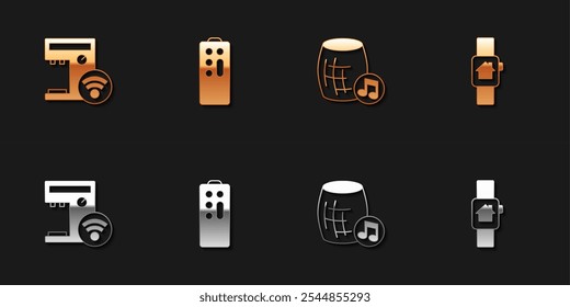 Set Smart coffee machine, Remote control, Voice assistant and home with smart watch icon. Vector