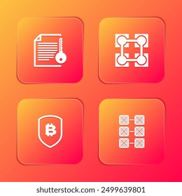 Set Smart contract, Blockchain technology, Shield with bitcoin and Mining farm icon. Vector