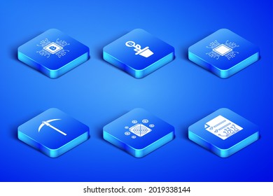 Set Smart contract, CPU mining farm, ASIC Miner, Pickaxe, Bitcoin plant the pot and Processor icon. Vector