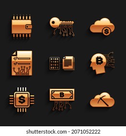 Set Smart contract, Cryptocurrency bitcoin with circuit, cloud mining, Bitcoin think, Processor chip dollar and  icon. Vector