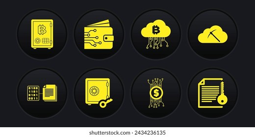 Set Smart contract, Cryptocurrency cloud mining, Proof of stake, bitcoin circuit,  and wallet icon. Vector