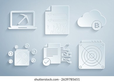Set Smart contract, Cryptocurrency cloud mining, ASIC Miner, ,  and Mining with laptop and pickaxe icon. Vector