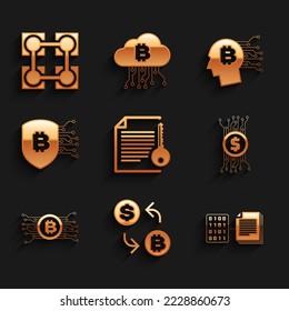 Establezca el contrato inteligente, el intercambio de criptodivisa, , el circuito de bitcoin y Escudo con icono. Vector