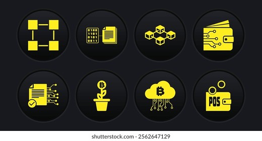 Set Smart contract, Cryptocurrency wallet, Bitcoin plant in the pot, cloud mining, Blockchain technology and  icon. Vector