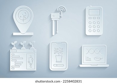 Ajuste el sistema de cultivo de control inteligente, remoto, tecnología, modificación de ingeniería genética, señal de router y wi-fi e icono de árbol de ubicación. Vector