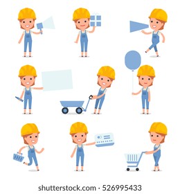 Set of Smart and Cute Character Builder Girl making Presentation for using in Design, etc.