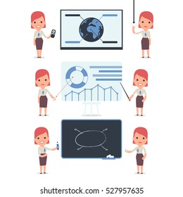 Set of Smart and Cute Character Consultant Girl  making Presentation for using in Design, etc.