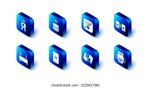 Set Smart data server, No Wi-Fi wireless internet, Data transfer and storage, printer system, Air headphones, Mobile with 5G, Router wi-fi signal and Web camera icon. Vector