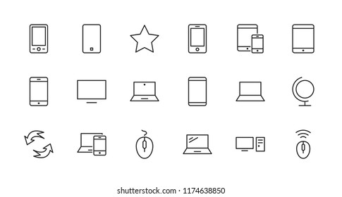 Set of smart devices and gadgets, computer equipment and electronics. Electronic devices icons for web and mobile vector line icon. Editable Stroke. 32x32 pixels.