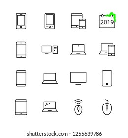 Set of smart devices and gadgets, computer equipment and electronics. Electronic devices icons for web and mobile vector line icon. Editable Stroke. 32x32 pixels.