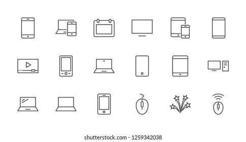 Set of smart devices and gadgets, computer equipment and electronics. Electronic devices icons for web and mobile vector line icon. Editable Stroke. 32x32 pixels.