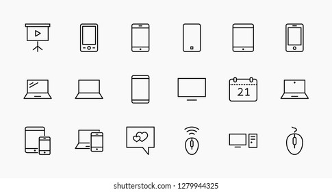 Conjunto de dispositivos y gadgets inteligentes, equipo informático y electrónica. Iconos de dispositivos electrónicos para el icono de la línea vectorial web y móvil. Trazo editable. 32x32 píxeles.