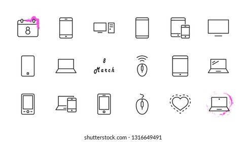 Set of smart devices and gadgets, computer equipment and electronics. Electronic devices icons for web and mobile vector line icon. Editable Stroke. 32x32 pixels.