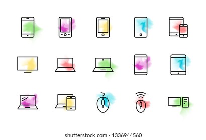 Set of smart devices and gadgets, computer equipment and electronics. Electronic devices icons for web and mobile vector line icon. Editable Stroke. 32x32 pixels.