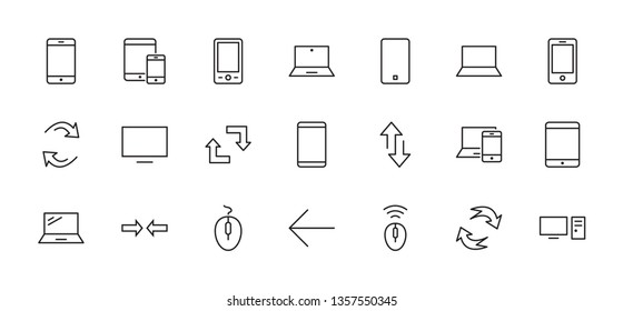 Set of smart devices and gadgets, computer equipment and electronics. Electronic devices icons for web and mobile vector line icon. Editable Stroke. 32x32 pixels.