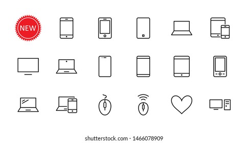 Set of smart devices and gadgets, computer equipment and electronics. Electronic devices icons for web and mobile vector line icon. Editable Stroke. 32x32 pixels.
