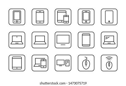Set of smart devices and gadgets, computer equipment and electronics. Electronic devices icons for web and mobile vector line icon. Editable Stroke. 32x32 pixels.