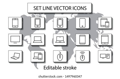 Set of Smart Devices and gadgets, computer equipment and electronics. Electronic devices icons for web and mobile vector line icon. Editable Stroke. 32x32 pixels.