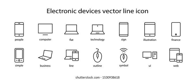Set of smart devices and gadgets, computer equipment and electronics. Electronic devices icons for web and mobile vector line icon. Editable Stroke. 32x32 pixels.