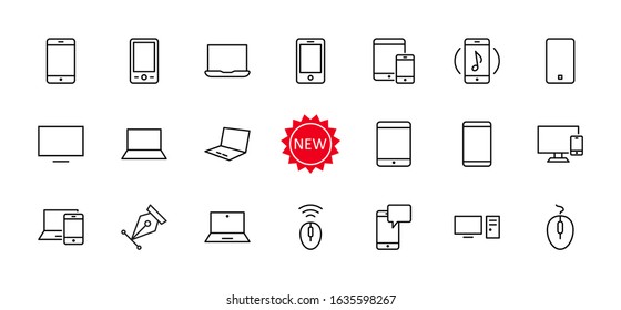 Set of smart devices and gadgets, computer equipment and electronics. Electronic devices icons for web and mobile vector line icon. Editable Stroke. 32x32 pixels.