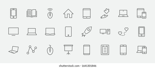 Set of smart devices and gadgets, computer equipment and electronics. Electronic devices icons for web and mobile vector line icon. Editable Stroke. 32x32 pixels.