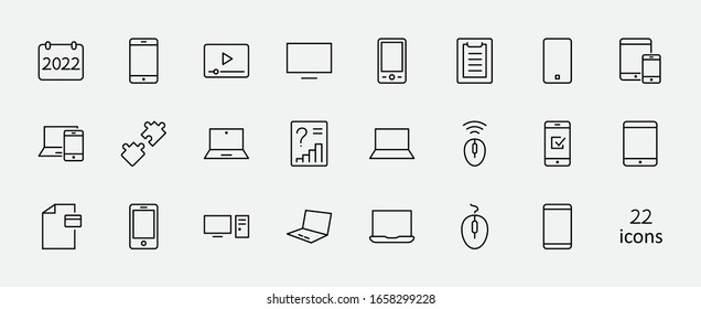 Set of smart devices and gadgets, computer equipment and electronics. Electronic devices icons for web and mobile vector line icon. Editable Stroke. 32x32 pixels.