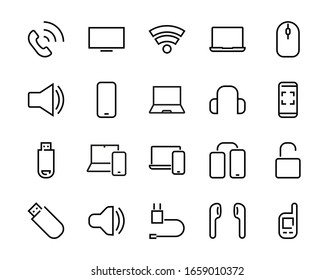 A set of smart devices and gadgets, computer hardware and electronics. Electronic devices icons for web and mobile vector lines. computer, telephone. Editable stroke. 48x48 pixels.