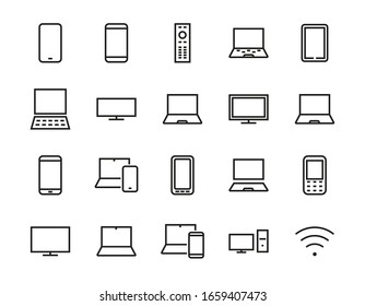 conjunto de dispositivos y gadgets inteligentes, hardware informático y electrónica. Iconos de dispositivos electrónicos para líneas vectoriales web y móviles. Trazo editable. 480 x 480 píxeles