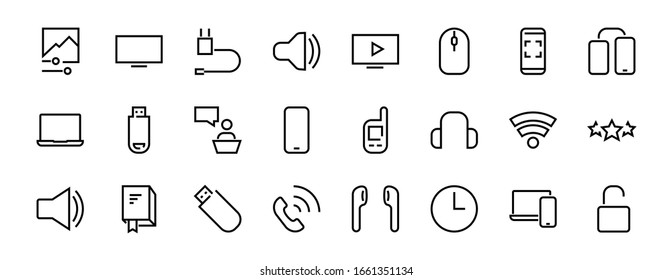 A set of smart devices and gadgets, computer hardware and electronics. Electronic devices icons for web and mobile vector lines. computer, telephone. Editable stroke. 48x48 pixels.