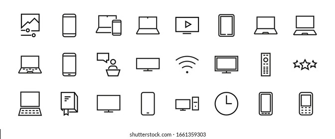 set of smart devices and gadgets, computer hardware and electronics. Electronic device icons for web and mobile vector lines. Editable stroke. 480x480 pixels.