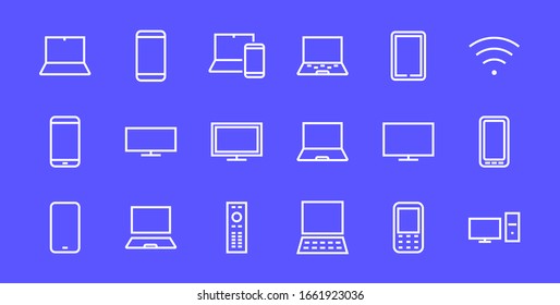  set of smart devices and gadgets, computer hardware and electronics. Electronic device icons for web and mobile vector lines. Editable stroke. 480x480 pixels.