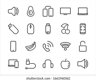A set of smart devices and gadgets, computer hardware and electronics. Electronic devices icons for web and mobile vector lines. computer, telephone. Editable stroke. 48x48 pixels.