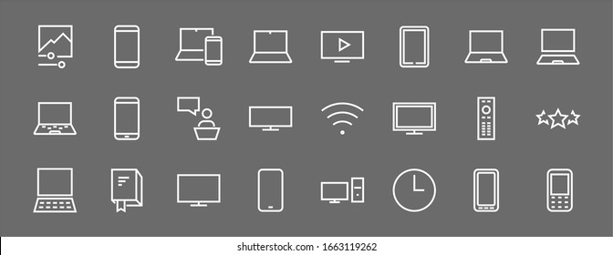  set of smart devices and gadgets, computer hardware and electronics. Electronic device icons for web and mobile vector lines. Editable stroke. 480x480 pixels.