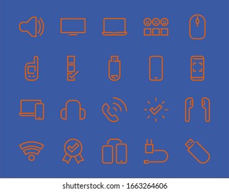 A set of smart devices and gadgets, computer hardware and electronics. Electronic devices icons for web and mobile vector lines. computer, telephone. Editable stroke. 48x48 pixels.