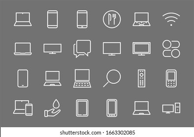 A set of smart devices and gadgets, computer hardware and electronics. Icons of electronic devices, computer, phone, remote control, for web and mobile vector lines. Editable stroke. 480x480 pixels