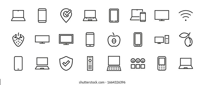  set of smart devices and gadgets, computer hardware and electronics. Electronic device icons for web and mobile vector lines. Editable stroke. 480x480 pixels.