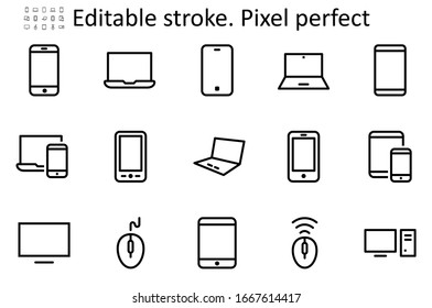 Set of Smart Devices and gadgets, computer equipment and electronics. Electronic devices icons for web and mobile vector line icon. Editable Stroke. 48x48 Pixel Perfect