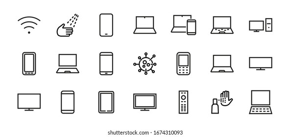 Set Of Smart Devices And Gadgets, Computer Hardware And Electronics. Electronic Device Icons For Web And Mobile Vector Lines. Editable Stroke. 480x480 Pixels.