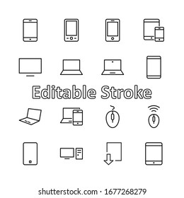 Set of smart devices and gadgets, computer equipment and electronics. Electronic devices icons for web and mobile vector line icon. Editable Stroke. 32x32 pixels.