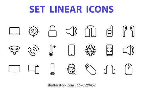 A set of smart devices and gadgets, computer hardware and electronics. Electronic devices icons for web and mobile vector lines. computer, telephone. Editable stroke. 48x48 pixels.