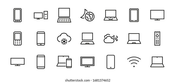  set of smart devices and gadgets, computer hardware and electronics. Electronic device icons for web and mobile vector lines. Editable stroke. 480x480 pixels.