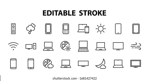  set of smart devices and gadgets, computer hardware and electronics. Electronic device icons for web and mobile vector lines. Editable stroke. 480x480 pixels.