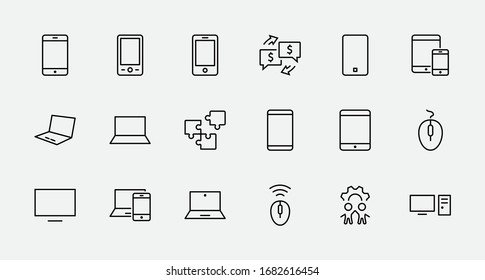 Set of Smart Devices and gadgets, computer equipment and electronics. Electronic devices icons for web and mobile vector line icon. Editable Stroke. 32x32 pixels.