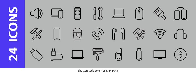 A set of smart devices and gadgets, computer hardware and electronics. Electronic devices icons for web and mobile vector lines. computer, telephone. Editable stroke. 48x48 pixels.