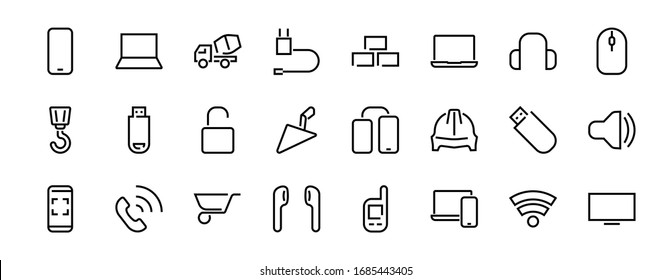 A set of smart devices and gadgets, computer hardware and electronics. Electronic devices icons for web and mobile vector lines. computer, telephone. Editable stroke. 48x48 pixels.