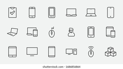 Set of smart devices and gadgets, computer equipment and electronics. Electronic devices icons for web and mobile vector line icon. Editable Stroke. 32x32 pixels.