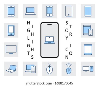 Set of smart devices and gadgets, computer equipment and electronics. Electronic devices icons for web and mobile vector line icon. Editable Stroke. 32x32 pixels.