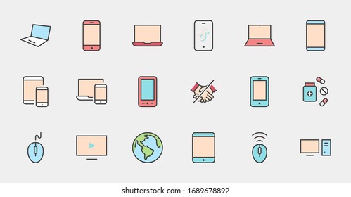 Set of smart devices and gadgets, computer equipment and electronics. Electronic devices icons for web and mobile vector line icon. Editable Stroke. 32x32 pixels.
