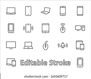 Set of smart devices and gadgets, computer equipment and electronics. Electronic devices icons for web and mobile vector line icon. Editable Stroke. 32x32 pixels.